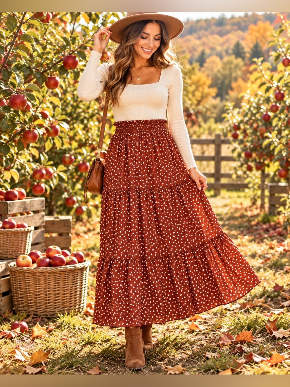 MEROKEETY Rust Polka Dot Tiered Maxi Skirt Elastic Waist M